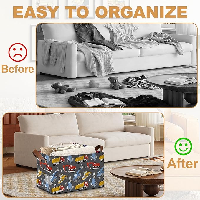 Excavator Car Storage Bins with Handles, Collapsible Storage for Clothes, Gift Basket, Blankets & Closet Organization