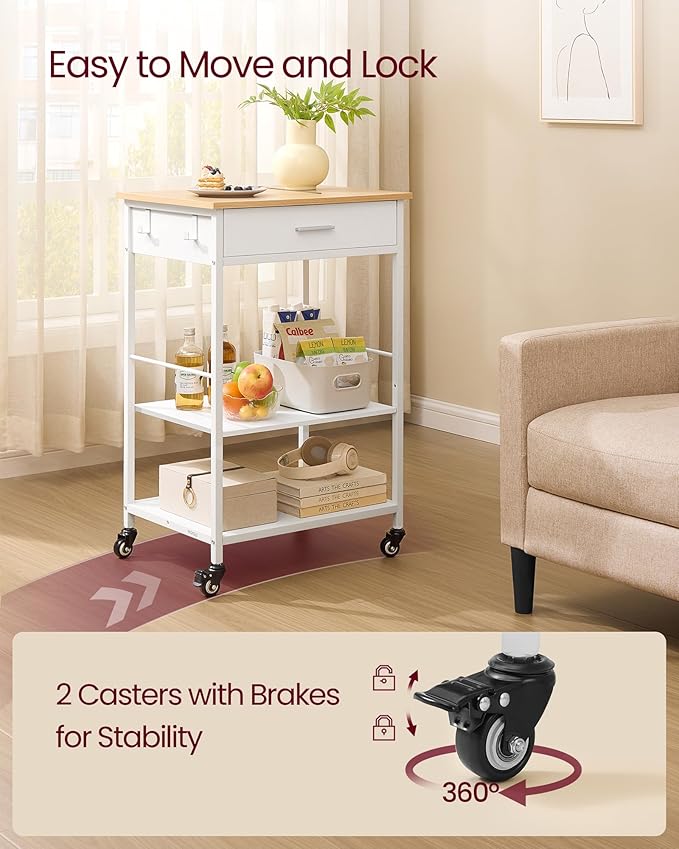 VASAGLE Kitchen Rolling Island, Mobile Kitchen Cart with Storage on Wheels, 17.7 x 23.6 x 35.4 Inches, Drawer, 2 Hooks, for Dining Room, Oak Beige and Matte White UKKI007Y01