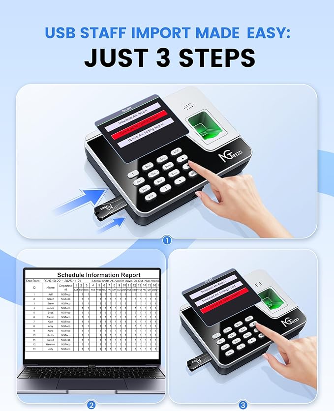 NGTeco Standalone Time Clock, Fingerprint & PIN Time Clocks for Employees Small Business Without WiFi & Software, Clock in and Out Machine for Employees, No Monthly Fee