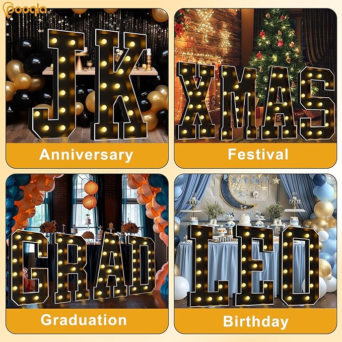 Pooqla 4 FT Marquee Light Up Letters, Giant Letter Sign Black Marquee Letter Lights 4 Feet Tall, Big Mosaic Letters for Balloons Birthday Party Anniversary Wedding Decorations, Warm White Letter C