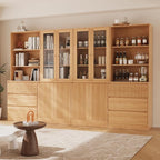 TUSY 71'' Freestanding Tall Storage Cabinet, 5 Tier Wood Bookcase with 3 Drawers and 2 Tempered Glass Doors (AB)