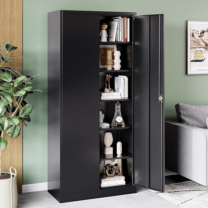 Metal Storage Cabinet with Locking Doors, Tall Cabinets for Home, Office, Warehouse Organizer (Black)