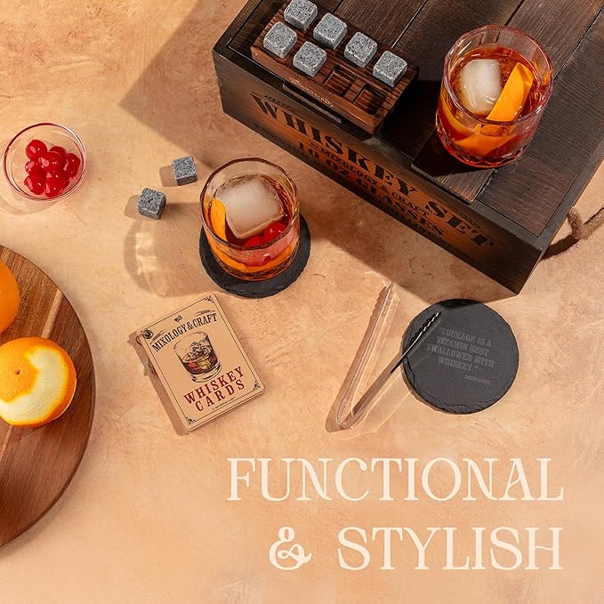 Mixology & Craft Whiskey Gift Set, Whiskey Glass Set with Rustic Wooden Crate, 8 Granite Whiskey Rocks Chilling Stones, 10oz Glasses, Raffle Gift for Men, Dad, Husband, Boyfriend - Jameson Dark Brown