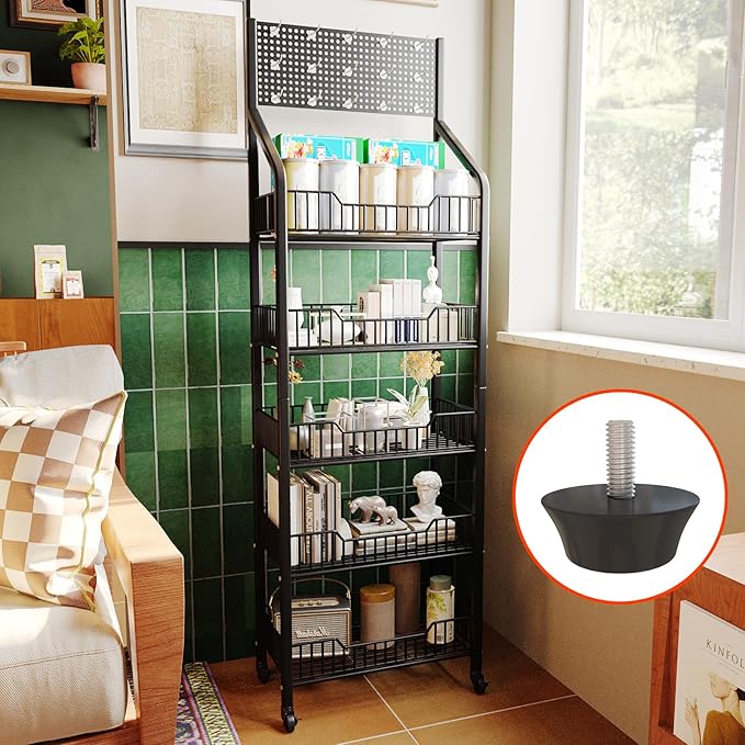 Snack Rack Display Stand, 5 Tier Metal Retail Candy Display Rack with Wheels, Removable Bread Organizer Stand with 10 Hooks, Snack Organizer for Stores, Living Room, Kitchen, Office (Black)