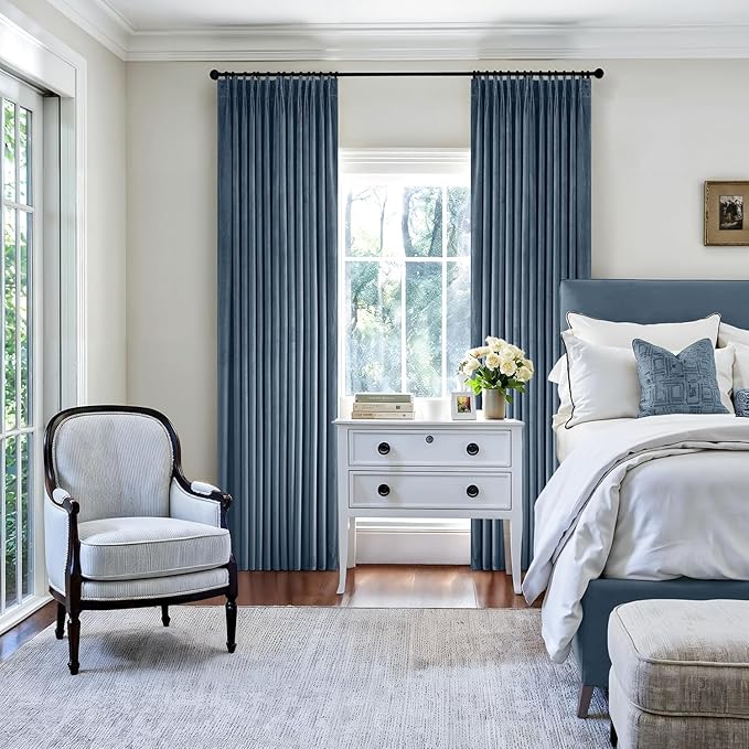 MIULEE Stone Blue Velvet Curtains 84 inches Long, Pinch Pleated Blackout Drapes with Hooks, Thermal Insulated Pinch Pleat Panels for Bedroom Living Room, 2 Panels