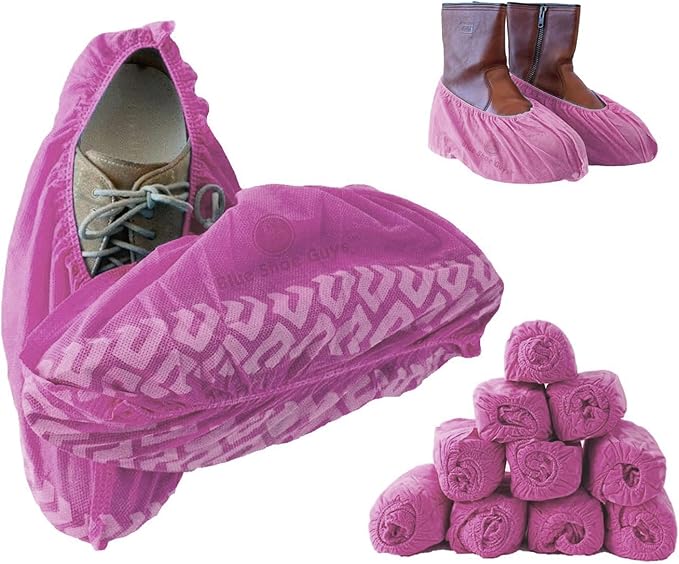 Premium Disposable Boot & Shoe Covers Booties | 100 Pack | Durable, Non-Slip, Non-Toxic, Water Resistant, Recyclable Protectors for Indoor & Outdoor | Large Size Fits Most Shoes (Pink)
