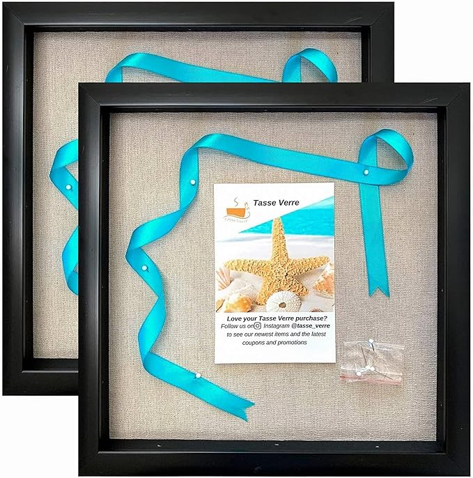 Tasse Verre 10x10 Black Display Shadow Box (2-Pack) Frame w/Linen Background and 16 Stick Pins - Ready to Hang Shadowbox Picture Frame - Box Display Baby Memorabilia Wedding
