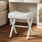 18-Inch Leather Vanity Stool Chair, Vanity Bench with Metal X-Leg, Ottoman Accent Stool with Thick Padded Saddle Seat, White