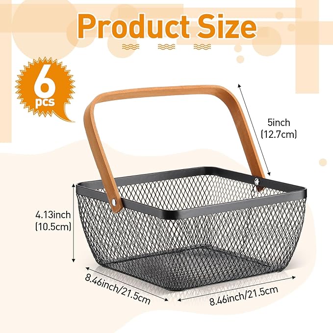 6 Pcs Metal Mesh Steel Basket with Handle Small Shopping Baskets Square Wire Harvest Storage for Kitchen Storage Garden Picnic Bathroom Organizing, 8.46 x 8.46 x 4.13 Inch(Black)