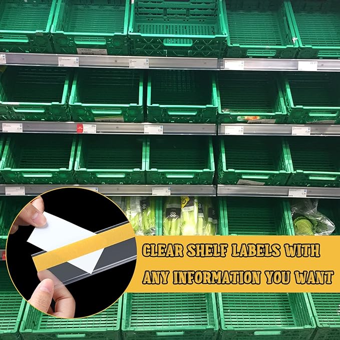 Fainne 25 Pcs Shelf Label Strips 1.5''H x 27 L Self Adhesive Shelf Label Holder Gondola Price Tag Stick on Plastic Clear Ticket Channel for Metal Wood Plastic Rack