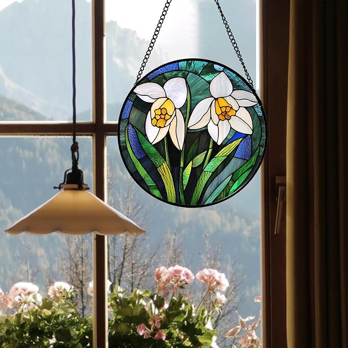 Stained Glass Window Hanging - White Snowdrops Birth Flowers Suncatcher for Doors Garden Patio Sun Catchers Decor Christmas Mother's Day Birthday Gifts for Women Men Mom Nana Friend 7.8 in