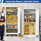 Metal Garage Storage Cabinet with Lock, Steel Tool Cabinet with 2 Doors and 5 Adjustable Shelves, 75” Tall Lockable File Cabinet with Wheels, Organization for Home Office Garage Gym - White