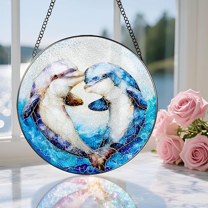 Stained Glass Window Hanging, 8 Inch Dolphin Sun Catcher Decor, Stained Glass Ornament, Suncatchers for Windows Hanging, Window Decor, Dolphin Gifts, Gift for Couples