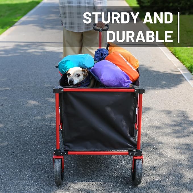 EchoSmile Collapsible Foldable Wagon Cart with 350lbs Weight Capacity, Heavy Duty Folding Utility Sport Wagon with Removeble Wheels for Camping,Grocery,Garden,Beach,Black&Red