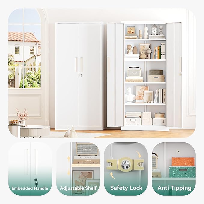 Greenvelly Metal Storage Cabinet, 63" H Locking Metal Storage Cabinet with Doors and 4 Shelves, Lockable Steel Cabinets for Kitchen, Bedroom, Living Room, Office (White)