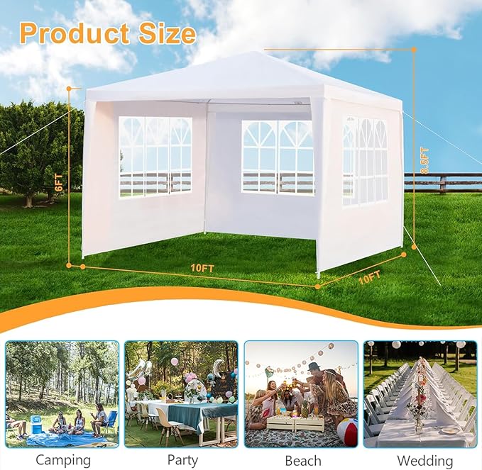10x10 FT Party Tent, Outdoor Wedding Tents for Parties, Canopy Event Tent with 3 Removable Sidewalls, Waterproof Gazebo Shelter for Birthday Parties, Weddings, BBQs & Events (10X10FT-3Sides White)
