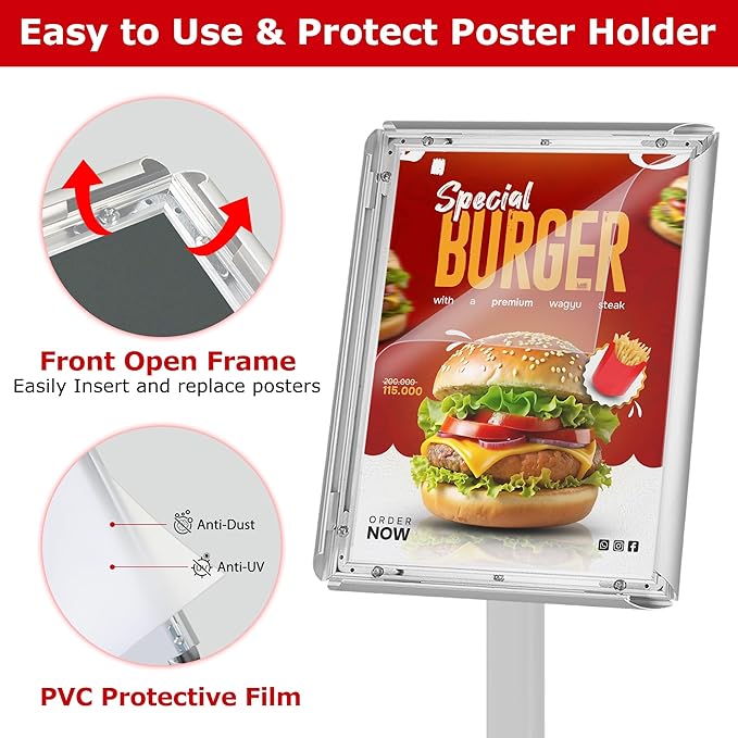 Heavy Duty Standing Sign Holder 8.5x11 Inch - Pedestal Floor Sign Stand with Weighted Base - Vertical & Horizontal View Poster/Menu Holder for Indoor/Outdoor Business Store Advertising, Silver