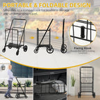 DWVO Utility Foldable Shopping Cart with Wheels, Large Portable Collapsible Rolling Grocery Cart with Reinforced Mesh Bottom for Laundry, Grocery, Luggage, Storage and Seniors, 220 lbs Capacity, Black