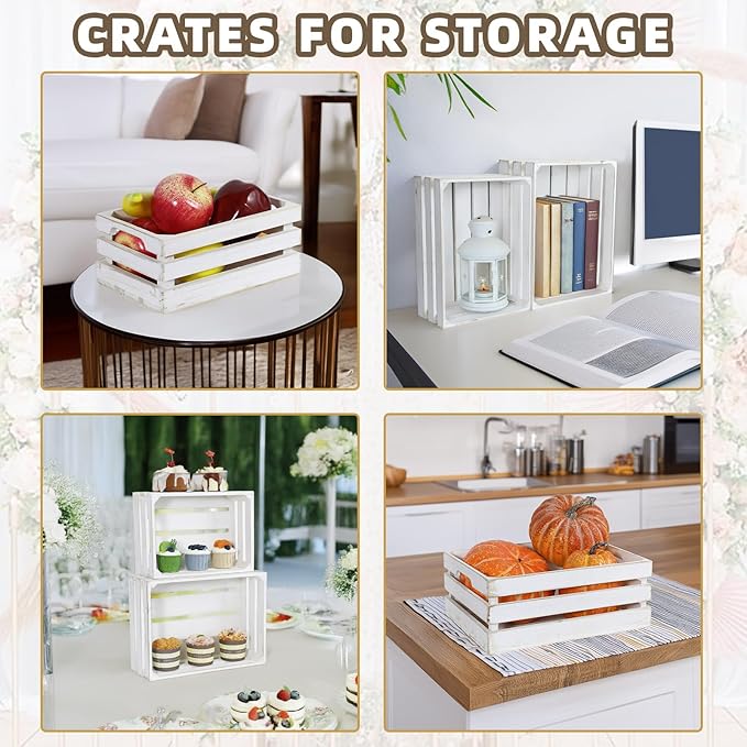 5-Piece Farmhouse Wooden Crate Set - Rustic Wooden Crates for Display and Storage, Large Whitewashed Decorative Crates, Farmhouse Apple Crates, Painted Wood Crates for Decor