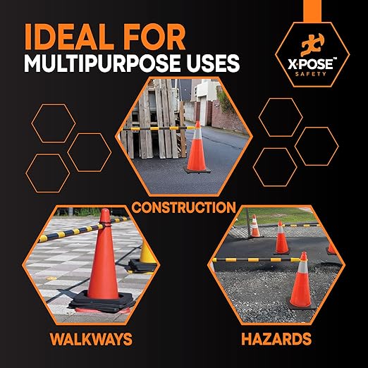 Retractable Barrier for Safety Traffic Cones - 2" OD - Large Yellow and Black Bar Barricade - for Road Construction, Parking, Warning, Temporary Security Divider (6, Yellow & Black, 53" x 84")