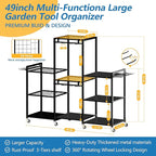ROGMARS Garden Tool Organizer with Wheels for Garage,49" Heavy Duty 3 Tier Yard Tool Holder Storage Rack with Large Hooks for Shed/Yard/Broom/Lawn/Long-Handled Garden Cart