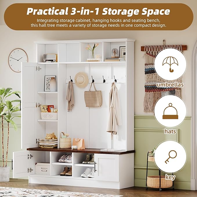 Merax Farmhouse Wood Hall Tree with 6 Hooks and Shoe Bench, Mudroom Versatile Coat Racks with Cabinets and Shelves, Entrance Organizer for Hallway White
