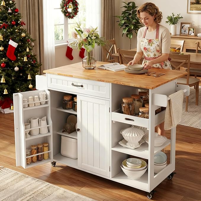 Gizoon Update Kitchen Island, 41.7" W Kitchen Island with Storage, Rolling Island Table on 5 Wheels, with Drop Leaf, Refrigerator Door, Adjustable Shelf, Spice/Towel Rack, Removable Tray, White