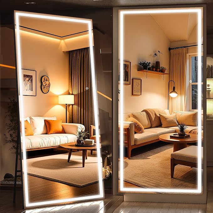 Full Length Mirror with Lights, 95" x 40" Large LED Lighted Floor Standing Body Mirror, Dimmable & 3 Color Lighting for Home Gym, Cloakroom, Living Room, Tempered Glass, Square Black