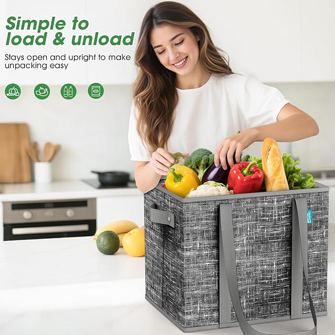 Fab totes Reusable Grocery Bags, Large Foldable Shopping Tote Bags with Reinforced Handles & Hard Bottom,Water Resistant Grocery Bags for kitchen,Picnic,6 Pack, Black