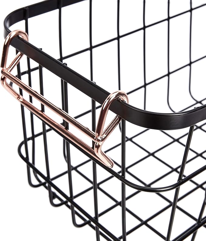 Amazon Basics Stackable Metal Wire Rectangular Storage Basket Set for Kitchen or Bathroom, 2 Count, Black