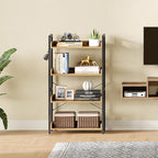 Rolanstar Bookshelf 4 Tier with 4 Hooks, Industrial Wood Bookcase, Vintage Storage Rack with Open Shelves, Rustic Standing Bookshelves Metal Frame Display Rack for Living Room, Bedroom, Rustic Brown