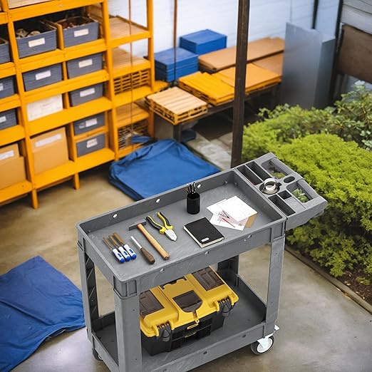 DWVO Utility Service Cart on Wheels, 550 lbs Capacity, 40 x 17 Inch Rolling Work Carts with Wheels, 2 Shelf Heavy Duty Plastic Cart Suitable for Warehouse, Garage, School & Office, Cleaning, Gray