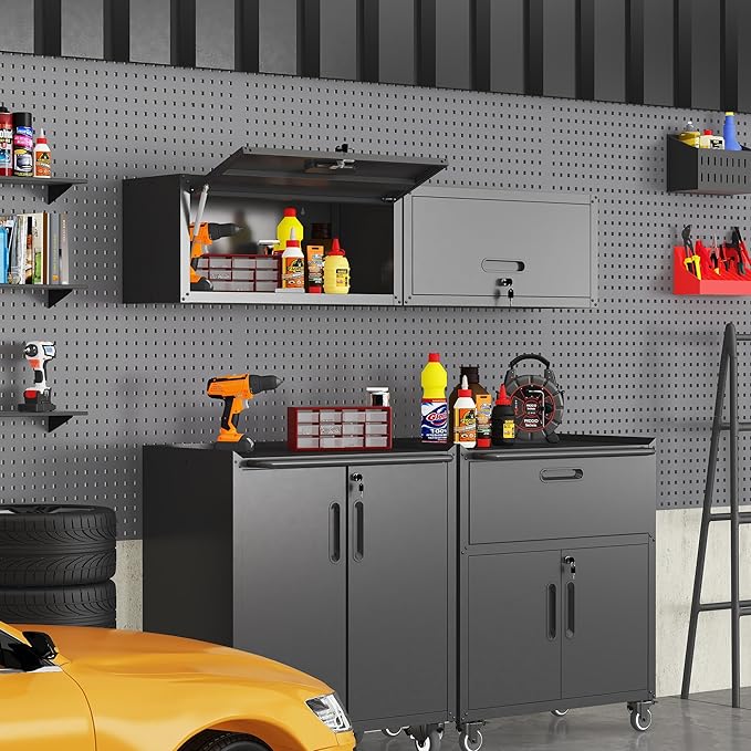 Garage Wall Cabinet, Wall Mounted Cabinet with Up-flip Door and Adjustable Shelf for Garage, Tool Room, Kitchen, Assembly Required(Black)
