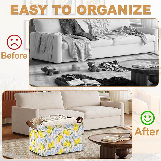 32L Large Storage Bins with Handles, Watercolor Fruit Basket Organizer for Shelves, Closet, Books, Laundry & Home Decor (Lemons)