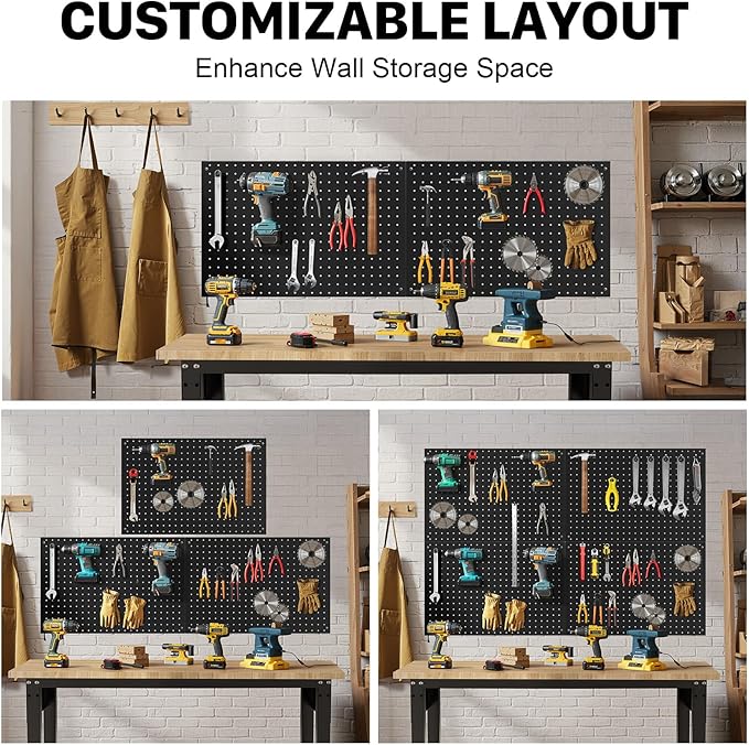Peg Board, 2 Pack Metal Pegboard Panels Black Pegboards Wall Organizer with Frame Large Heavy Duty Peg Board with Hooks for Walls Home,Garage Tool Storage,Office Organization,Kitchen 24”×16”