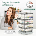 EsLuker.ly Rotating Earring Display Holder Stand for Vendors Events Selling, Large Capacity 64 Hooks Jewelry Rack with Wooden Base for Earring Card Sales, Enhances Retail Visibility (Light Grey)