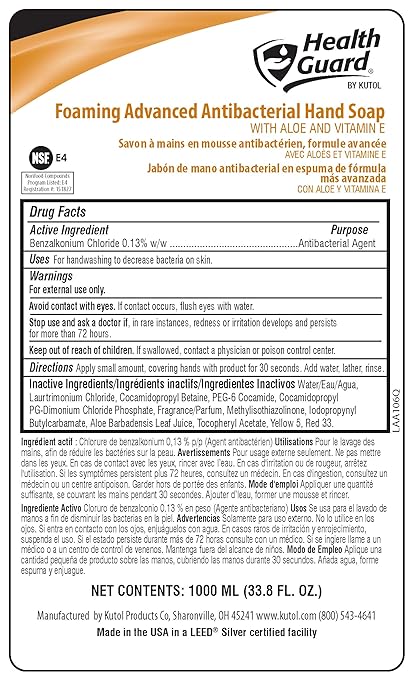 Health Guard Foaming Antibacterial Hand Soap #21352, for use with discontinued Member's Mark/Sam's Club/Ecolab soap dispenser, same formula as discontinued soap #915169, 4/1000 mL refill bags