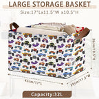 Cartoon Cars Storage Basket Large 17x11.5x10.5 Inche-Collapsible Fabric Organizer Bin with Handles for Bedroom,Living Room, Playroom-Foldable Decorative Hamper with Truck Graphic Design-Single Pack