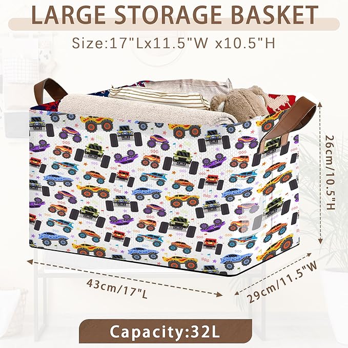 Cartoon Cars Storage Basket Large 17x11.5x10.5 Inche-Collapsible Fabric Organizer Bin with Handles for Bedroom,Living Room, Playroom-Foldable Decorative Hamper with Truck Graphic Design-Single Pack