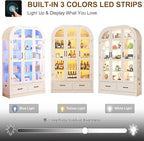 Arched Display Cabinet with 3 Glass Doors,5-Tier Curio Cabinet W/3 Color Lights for Collectibles,78'' Tall Curio Cabinet W/2 Drawers,Modern Display Case W/Human Body Sensor for Living/Game Room,Arche