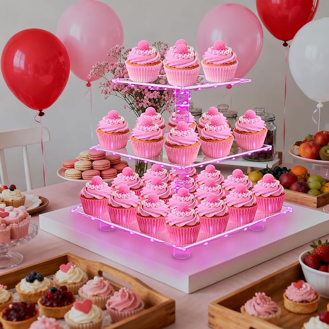 YestBuy 3 Tier Square Cupcake Stand - Premium Cupcake Holder - Acrylic Cupcake Tower Display - 3 Tier Acrylic Display for Pastry + LED Light String - Ideal for Weddings, Birthday Parties( Pink Light)