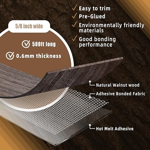 GSCIT Club Walnut Edge Banding - 5/8 Inch x 500ft Roll of Veneer Edge - Pre-glued Flexible Real Wood Tape for Cabinet Repair and Furniture Restoration