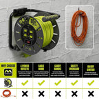 Masterplug 80ft Cord Reel, Retractable Extension Lead with Winding Handle, Safety Overload Circuit Breaker and Power Switch, 4X Grounded Outlets, 13amps, 14AWG Cable