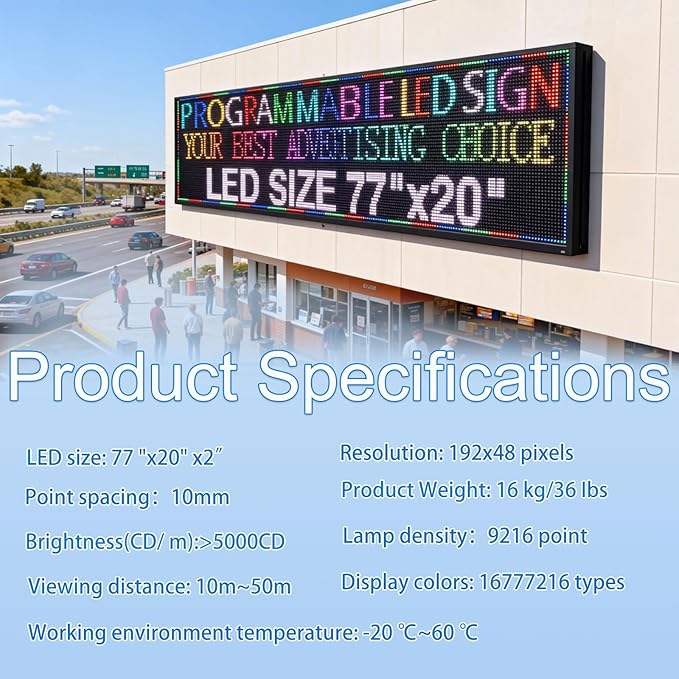 P10(77"*20") Outdoor Open Programmable Scrolling Led Sign Custom Wifi Led Signs For Wall Digital Signage Message Board Business Signs Board For Outside Advertising Sign Screen Panel