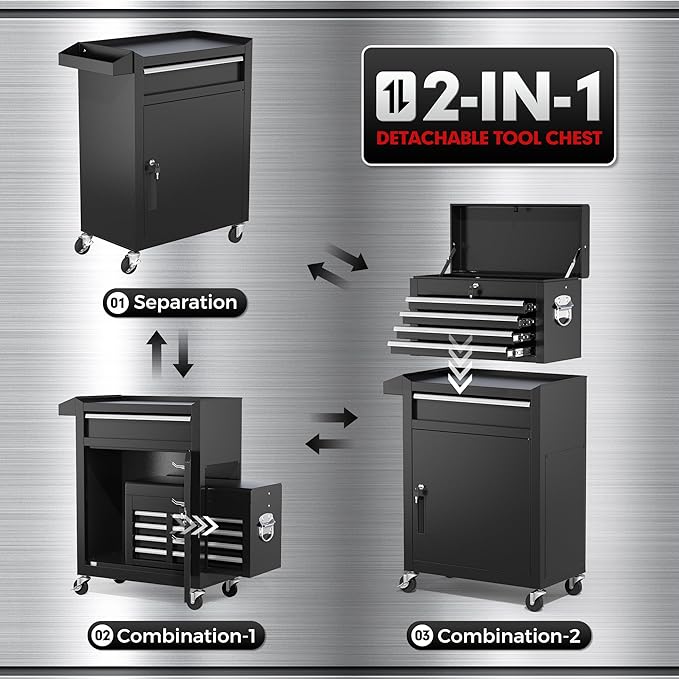 INTERGREAT Rolling Tool Chest with Wheels and 5 Drawers, Detachable Tool Cabinet with Lock for Garage, Locking Mechanic Tool Cart with Black Liner for Warehouse, Workshop, High Capacity