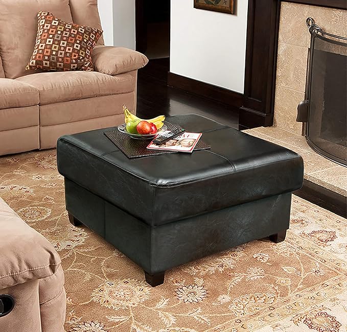 GLAXYFUR Folding Storage Bench, Cube PU Leather Footstool with Legs, Coffee Table, Ottoman with Storage for Living Room, 23.6 x 23.6 x15 Inches, Black