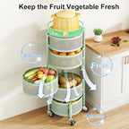 SAYZH Fruit Vegetable Basket for Kitchen, Rotating Storage Rack, 5 Tier Rolling Cart with top lid, Large Metal Wire Basket for for Potato Onion Snack, Green