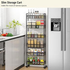 6 Tier Slim Storage Cart, Narrow Cart with Wheels, Metal Mobile Shelving Unit Organizer for Kitchen, Bathroom, Laundry Room, Living Room & Narrow Spaces, Black, 6in(W)