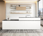 Modern L-Shaped Reception Desk with Counter – 71" Front Desk Reception Room Table with Lockable Drawer & Keyboard Tray for Office, Salon, Lobby, Checkout (White + Black, Left)