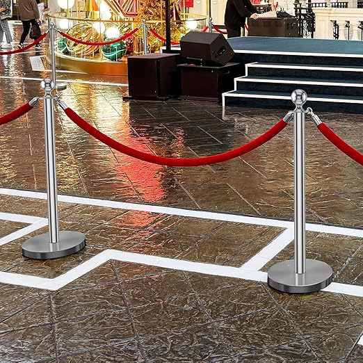 kaiyomi 6Pcs Stanchions with Red Velvet Ropes Set, 5 Feet Velvet Ropes and Posts Poles for Red Carpet Party Decoration and 360° Photo Booth (Silver)